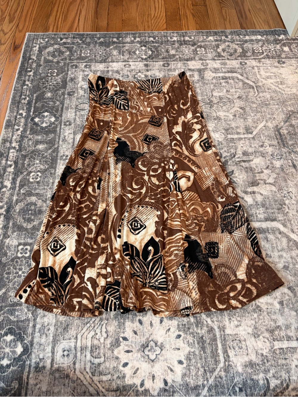 Coldwater Creek Brown and Black Floral-Abstract Midi Skirt